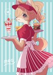 abstract_background alternative_fashion anthro apron ascot biped blue_background blush brown_eyes burger clothing clothing_bow countershading curled_tail dress female food frilly frilly_clothing fruit fur hair hat headgear headwear heart_symbol holding_food holding_object holding_tray j-fashion licking licking_lips lolita_(fashion) looking_at_viewer one_eye_obstructed parfait_(dessert) plant sandwich_(food) serving_tray simple_background solo standing strawberry tail tan_body tan_fur tan_hair text tongue tongue_out visor_cap waiter waitress_uniform 115meg canid canine canis domestic_dog mammal shiba_inu spitz absurd_res artist_name hi_res