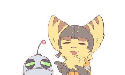 annoyed anthro brown_body brown_fur chibi duo fur fur_tuft green_eyes happy kemono machine male stripes tuft positive_wishes_(artist) ratchet_and_clank sony_corporation sony_interactive_entertainment clank_(ratchet_and_clank) ratchet_(ratchet_and_clank) lombax mammal robot