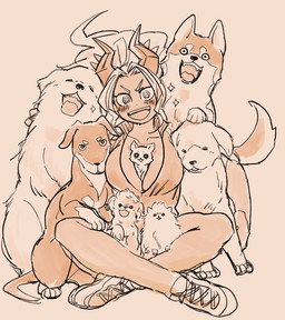 ambiguous_gender between_breasts blush breasts clothed clothing female feral footwear group horn shoes smile sneakers barabarano20 helltaker judgement_(helltaker) canid canine canis demon demon_humanoid domestic_dog humanoid mammal