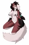 absurd_res anthro black_hair black_nipples breasts brown_body brown_fur canid canine female fur generation_5_pokemon generation_7_pokemon genitals hair hi_res hybrid lycanroc mammal mature_anthro mature_female midnight_lycanroc navel nintendo nipples nude pink_sclera pokemon pokemon_(species) pussy red_eyes simple_background solo tharja_(justkindofhere) white_background white_body white_fur white_hair xan_(pixiv) zoroark