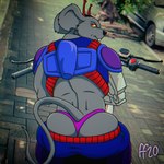 antennae_(anatomy) anthro black_nose buckteeth butt clothing cybernetic_arm cybernetic_limb fur grey_body grey_fur looking_at_viewer looking_back looking_back_at_viewer male mouth_closed notched_ear purple_clothing purple_thong purple_underwear rear_view red_eyes solo tail teeth thong underwear yellow_sclera fabfelipe biker_mice_from_mars modo_(bmfm) alien mammal mouse murid murine rodent 1:1 2020 digital_media_(artwork) hi_res