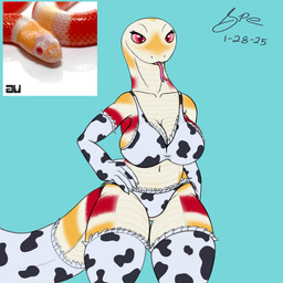 5_fingers albino animal_print animal_print_thigh_highs anthro anthrofied armwear bald_female big_breasts big_tail bra breasts butt butt_from_the_front cleavage clothed clothing collarbone countershade_legs countershade_neck countershade_scales countershade_tail countershade_torso countershading cow_print cow_print_armwear cow_print_bra cow_print_elbow_gloves cow_print_legwear cow_print_lingerie cow_print_panties cow_print_thigh_highs cyan_background elbow_gloves eyelashes female female_anthro fingers forked_tongue frilly frilly_bra frilly_clothing frilly_legwear frilly_panties frilly_thigh_highs frilly_underwear front_view furgonomics gloves hands_on_own_hips handwear huge_breasts humanoid_hands legwear long_neck long_tail looking_at_viewer multicolored_body navel non-mammal_breasts panties pattern_clothing pattern_legwear pattern_thigh_highs pink_sclera pink_tongue pupils red_body red_eyes red_pupils scales side-tie_panties side_boob simple_background slit_pupils solo standing tail tail_clothing tail_stocking teal_background thick_tail thick_thighs thigh_highs tongue tongue_out underwear ventral_scales white_body white_countershading white_scales wide_hips yellow_body spe colubrid kingsnake lampropeltini milk_snake reptile scalie snake 1:1 2025 absurd_res dated digital_drawing_(artwork) digital_media_(artwork) flat_colors half-length_portrait hi_res krita_(artwork) portrait reference_image signature sketchbook_(artwork)