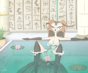 anthro bath bathing blush breasts brown_body egyptian eyeliner eyes_closed feathers female flower lily_pad looking_at_viewer makeup non-mammal_breasts plant relaxed_expression relaxing slim small_waist solo spread_legs spreading tail thick_thighs waterfall wet wet_body wet_feathers wide_hips gatojack3 immortal_hawk avian bird eurasian_eagle-owl horned_owl owl owl_demon true_owl hi_res hieroglyphic_text