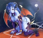 blue_body blue_hair blue_skin bracelet breasts clothing female hair horn humanoid_pointy_ears jewelry kneeling legwear looking_at_viewer membrane_(anatomy) membranous_wings moon night occult_symbol pentagram pointy_ears pupils ring slit_pupils smile solo spade_tail spikes symbol tail thigh_highs wings unknown_artist shinrabanshou astaroth demon humanoid digital_media_(artwork) full-length_portrait portrait