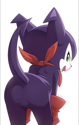 anthro butt clothed clothing featureless_crotch gloves green_eyes handwear kerchief looking_at_viewer looking_back looking_back_at_viewer male monobutt neckerchief neckwear null pink_tongue presenting presenting_hindquarters purple_arms purple_body purple_tail rear_view red_clothing red_gloves red_handwear red_kerchief red_neckerchief shortstack shortstack_male spade_tail tail tongue rusho bandai_namco digimon digimon_(species) impmon hi_res