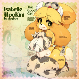 animal_print animal_print_bikini animal_print_thigh_highs anthro armwear bell big_breasts bikini blush blush_stickers bodily_fluids breasts clothing cow_print cow_print_bikini cow_print_elbow_gloves cow_print_lingerie cow_print_thigh_highs ear_piercing ear_tag elbow_gloves fake_horns female gloves handwear legwear looking_at_viewer navel nervous pattern_bikini pattern_clothing pattern_legwear pattern_swimwear pattern_thigh_highs piercing solo sweat swimwear text thigh_highs two-piece_swimsuit slugbox animal_crossing nintendo isabelle_(animal_crossing) canid canine canis domestic_dog mammal shih_tzu toy_dog 1:1 absurd_res english_text hi_res