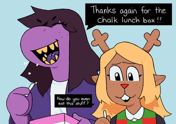ambiguous_gender anthro antlers blonde_hair blue_background brown_body brown_fur buckteeth chalk clothed clothed_anthro clothing dialogue duo eyebrow_through_hair eyebrows eyelashes eyelashes_through_hair eyes_closed freckled_face freckles fur hair holding_object horn long_hair open_mouth open_smile purple_body purple_scales scales simple_background smile speech_bubble teeth text thanking translucent translucent_hair spoiledart deltarune undertale_(series) noelle_holiday susie_(deltarune) deer mammal new_world_deer reindeer reptile scalie 2021 aliasing binary_drawing digital_drawing_(artwork) digital_media_(artwork) english_description english_text hi_res female_(lore)