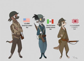 ambiguous_gender american_flag anthro army_helmet backpack belt belt_pouch bolt_action_rifle boots bottomwear brown_body brown_fur clothed clothing crossed_arms digitigrade facial_markings fascist_italy footwear fully_clothed fur grey_body grey_fur group hat head_markings headgear headwear hooves imperial_japanese_flag italian_flag japanese_empire leg_wraps m1_garand markings muzzle_(marking) pants rising_sun_flag shoes tail tan_body tan_fur text unguligrade united_states_of_america white_body white_fur world_war_2 wraps =djoyk= bovid canid canine canis caprine domestic_dog german_shepherd herding_dog mammal mustelid otter pastoral_dog sheep digital_media_(artwork) english_text hi_res