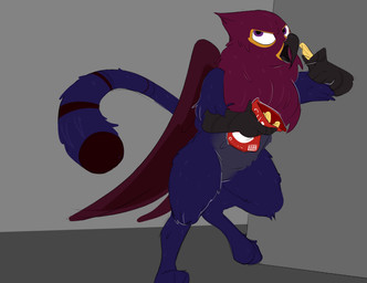 angry beak claws eating eye_roll feathers female feral fluffy on_hind_legs open_mouth paws purple_body simple_background solo tail wings villegreen hasbro my_little_pony mythology avian felid feline gryphon hybrid mammal mythological_avian mythological_creature chips_(disambiguation)