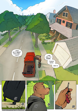 anthro bear_ears clothing day dialogue eyewear glasses hoodie key keychain male neighborhood red_car red_truck sidewalk solo speech_bubble suburbs suitcase text topwear truck vehicle purplebirdman tony_(purplebirdman) bear mammal comic english_text