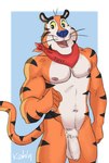 anthro athletic athletic_anthro athletic_male balls biceps casual_nudity digital_media_(artwork) felid fingers flaccid foreskin frosted_flakes fur genitals hair humanoid_genitalia humanoid_penis kahlu kellogg's kerchief kerchief_only looking_at_viewer male mammal mascot mostly_nude navel neckerchief neckerchief_only nipples nude open_mouth pantherine penis pubes simple_background smile solo standing stripes tail tiger tight_foreskin tony_the_tiger