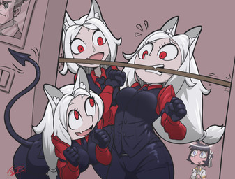 black_hair blue_eyes bodily_fluids breasts clipboard clothed clothing dual_holding fail female flying_sweatdrops group hair halo holding_clipboard holding_object holding_pen holding_writing_utensil object_in_mouth pen pointed_tail red_eyes smile spade_tail sweat sweatdrop tail white_hair writing_utensil gabrieltsui helltaker azazel_(helltaker) cerberus_(helltaker) angel angel_humanoid animal_humanoid canid canid_humanoid humanoid mammal mammal_humanoid 2020 absurd_res hi_res