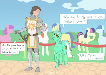 armor clothing cutie_mark dialogue female feral greeting group hair horn male melee_weapon multicolored_hair outside sword text two_tone_hair weapon arareroll friendship_is_magic hasbro my_little_pony mythology anon bonbon_(mlp) lyra_heartstrings_(mlp) equid equine human mammal mythological_creature mythological_equine unicorn 2017 english_text