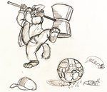 ball_transformation bottomwear clothing duo feet grass hammer hat headgear headwear humanoid_feet inanimate_transformation male maul nervous_smile pants plant plantigrade shirt shocked speech_bubble tail tools toony topwear transformation rufflemutt canid canine canis domestic_dog mammal hi_res signature sketch