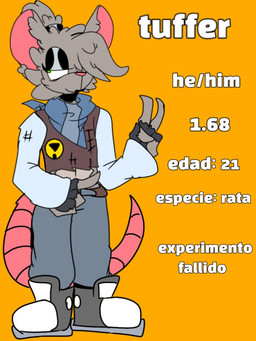 4_fingers anthro bottomwear clothing fingerless_gloves fingers footwear gloves green_eyes grey_body handwear male pants scarf shirt shoes solo tail text topwear wannapossums rutfer_j._randtex mammal murid murine rat rodent 3:4 model_sheet spanish_text