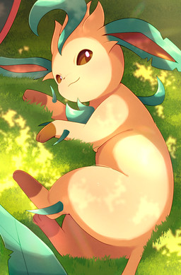 3_toes ambiguous_feral ambiguous_gender brown_body brown_eyes brown_fur brown_inner_ear brown_nose brown_sclera closed_smile day digitigrade feet feral fur glistening glistening_eyes gloves_(marking) grass green_body green_ears green_tail kemono leaf leaf_ears leaf_tail light looking_at_viewer looking_up looking_up_at_viewer lying markings mouth_closed multicolored_body multicolored_fur on_side outside paws plant quadruped shadow smile smiling_at_viewer solo sunlight tail tan_body tan_fur tan_tail toes two_tone_tail rumine nintendo pokemon eeveelution elemental_creature flora_fauna generation_4_pokemon leafeon mammal pokemon_(species) 2026 absurd_res hi_res lighting shaded