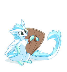 ambiguous_gender ask_blog blue_hair claws feathered_wings feathers feral fur green_eyes hair paws shield solo tail white_body white_fur wings wood asphagnum mythology tumblr patch_(ask-patch) dragon feathered_dragon feathered_scalie furred_dragon furred_scalie mammal mythological_creature mythological_scalie scalie 2015
