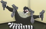 5_fingers anthro clothed clothing eyewear fangs feet fingers gun humor mac-10 male prehensile_feet ranged_weapon simple_background smile solo submachine_gun sunglasses teeth toes weapon likangel filthy_frank qebu lemur mammal primate strepsirrhine 2021 absurd_res hi_res meme reaction_image signature