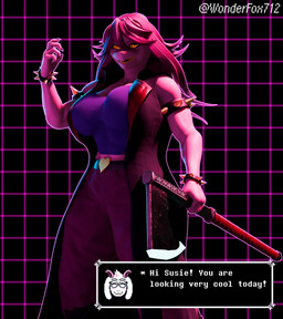 anthro dialogue_box duo female male muscular muscular_female pattern_background simple_background text wonderfox712 samzan_(modeler) deltarune undertale_(series) ralsei susie_(deltarune) monster reptile scalie 3d_(artwork) blender_(artwork) digital_media_(artwork) english_text hi_res