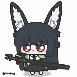 :< accessory bangs black_hair blunt_bangs blush bottomwear chibi clothing collared_shirt female hair looking_at_viewer melee_weapon necktie red_eyes shirt simple_background skirt solo sword topwear weapon white_background lulalang mihoyo zenless_zone_zero hoshimi_miyabi animal_humanoid canid canid_humanoid canine canine_humanoid fox_humanoid humanoid mammal mammal_humanoid 1:1 2026 hi_res