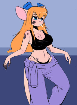 anthro big_breasts blue_eyes breasts cigarette cleavage clothed clothing dirty eyewear eyewear_on_head female goggles goggles_on_head hair huge_breasts long_hair low-riding midriff orange_hair panties shirt solo tank_top topwear underwear seirva chip_'n_dale_rescue_rangers disney gadget_hackwrench mammal mouse murid murine rodent 2020 absurd_res hi_res