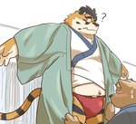 anthro asian_clothing belly black_nose blush brown_body clothing duo east_asian_clothing eyewear fundoshi glasses humanoid_hands japanese_clothing kemono male overweight overweight_male question_mark red_clothing red_fundoshi red_underwear underwear hon55728 canid canine canis domestic_dog felid mammal pantherine tiger 2024 hi_res