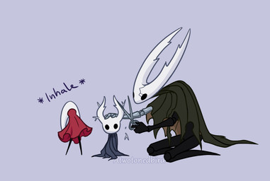 2_horns aged_up alternate_form ambiguous_gender anthro biped black_body black_eyes blue_cloak blue_clothing buried cloak clothing empty_eyes facial_scar grey_background grey_cloak grey_clothing group holding_object holding_scissors horn inhaling kneeling looking_at_another looking_up mouthless personal_grooming plant prosthetic prosthetic_arm prosthetic_limb pruning red_cloak red_clothing scar scissors simple_background size_difference text trimming_(grooming) trio white_body white_horn atwotonedbird hollow_knight_(franchise) team_cherry hollow_knight_(character) hornet_(hollow_knight) the_knight_(hollow_knight) arachnid arthropod spider vessel_(species) 2026 artist_name digital_drawing_(artwork) digital_media_(artwork) watermark female_(lore) half_sister_(lore) sibling_(lore)