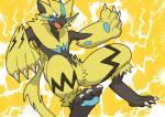 ambiguous_gender anthro blue_body blue_fur fur pawpads simple_background solo stripes whiskers yellow_background yellow_body yellow_fur white6000 nintendo pokemon felid generation_7_pokemon legendary_pokemon mammal pokemon_(species) zeraora