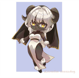 anthro breasts chibi clothed clothing cloven_hooves dress eyewear female fur glasses hair hooves horn simple_background solo white_clothing white_dress white_hair wool_(fur) yellow_eyes lenxfox bovid caprine humanoid mammal sheep hi_res