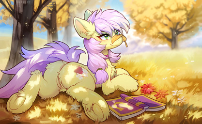 anus barely_visible_anus book butt cutie_mark dappled_light day eyelashes eyelashes_through_hair female flower fur genitals grass green_eyes hair komorebi leaf leaf_on_face light lying on_front open_book outside plant purple_hair purple_tail quadruped sky solo tail translucent translucent_hair tree vulva white_sclera yellow_body yellow_ears yellow_fur swaybat hasbro my_little_pony equid equine horse mammal pony 2026 digital_media_(artwork) english_description hi_res lighting portrait
