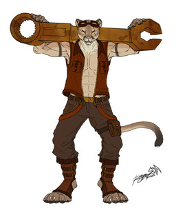 alternative_fashion anthro athletic big_wrench clothing engineer_(profession) eyewear footwear goggles male pockets solo steampunk tail toeless_footwear tools wrench skullraya ricius_teck cougar felid feline mammal hi_res