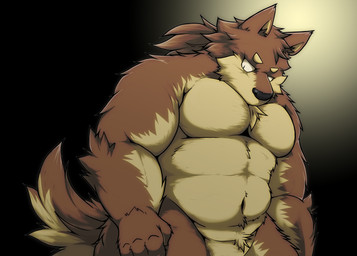 anthro barazoku belly black_nose humanoid_hands kemono male muscular muscular_anthro muscular_male simple_background solo suishou0602 canid canine mammal 2015 hi_res
