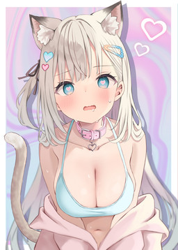 accessory animal_ears big_breasts blue_bra blue_clothing blue_eyes blue_underwear blush bodily_fluids bra bralette breasts choker clothing coat collarbone female fluffy_ears grey_hair hair hair_accessory heart_eyes heart_symbol human_and_animal_ears jewelry long_hair looking_at_viewer multi_ear navel necklace open_mouth pink_choker pink_clothing pink_coat pink_jewelry pink_necklace pink_topwear raised_tail ribbons saliva sweat tail topwear underwear wavy_mouth akino_ell moka-chan_(akino_ell) animal_humanoid cat_humanoid felid felid_humanoid feline feline_humanoid humanoid mammal mammal_humanoid half-length_portrait hi_res portrait