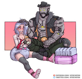 bodily_fluids booties bottle clothed clothing container cowboy_hat daddy_kink damaged_armor diaper diaper_package dot_eyes drooling duo exposed_diaper eye_lens facial_hair female green_eyes hair hat headgear headpat headwear intelligence_loss larger_male machine male messy_hair milk milk_bottle milk_container mustache necktie open_clothing open_mouth open_shirt open_topwear red_eyes saliva shirt shirtless simple_eyes sitting size_difference text topwear torn_clothing white_hair atreyatan blizzard_entertainment overwatch ashe_(overwatch) bob_(overwatch) human mammal robot absurd_res hi_res url