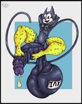 anthro balls big_balls big_penis black_body black_border bodily_fluids border butt clothing cum epididymis foreskin fur genital_fluids genitals head_tuft huge_balls huge_penis hyper hyper_balls hyper_genitalia hyper_penis legwear male nipples penis raphe_(anatomy) simple_background solo tail tuft vein veiny_penis wilelter felix_the_cat_(series) domestic_cat felid feline felis mammal hi_res