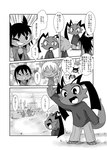 absurd_res antennae_(anatomy) anthro blush bodily_fluids castle clothed clothing comic dialogue dion_(doneru) doneru drooling eye_markings fangs floppy_ears frill_(anatomy) gesture greyscale group hair hi_res horn ilnick_(doneru) japanese_text levor looking_at_another lop_ears mammal markings monochrome outside robe rumi_(doneru) saliva scalie shari shirt simple_background smile teeth text topwear translated waving young young_anthro