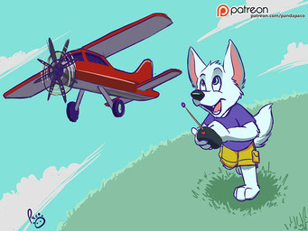 anthro blue_eyes blue_sky bottomwear clothed clothing cloud controller fur glistening glistening_eyes grass logo male open_mouth open_smile outside patreon_logo plant purple_clothing purple_shirt purple_t-shirt purple_topwear remote_control running shirt shorts sky smile solo t-shirt topwear white_body white_fur yellow_bottomwear yellow_clothing yellow_shorts young young_anthro young_male pandapaco patreon canid canine mammal 4:3 artist_logo signature