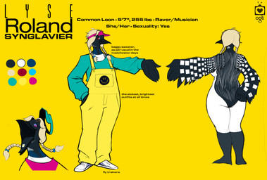 anthro beak black_body black_feathers blonde_hair blue_body blue_clothing blue_feathers blue_hat blue_headwear blue_shirt blue_topwear breasts button_(fastener) clothed clothing color_swatch drugs feathers female footwear front_view hair hat headgear headwear information leg_markings lsd markings nude overalls oversized_clothing pigtails pink_clothing pink_hat pink_headwear pronouns rear_view red_eyes shirt shoes smiley_face sneakers socks_(marking) solo text topwear visor_cap white_body white_clothing white_feathers white_footwear white_shoes winged_arms wings y2k_(graphic_design) cathodegaytube roland_corporation lyse_roland_synglavier avian bird common_loon loon 2021 character_name clip_studio_paint_(artwork) colorful_theme digital_media_(artwork) english_text hi_res model_sheet species_name