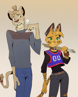 anthro arnis belt bottomwear bracelet clenched_teeth clothing collar denim denim_bottomwear denim_clothing duo ear_piercing ear_ring eyebrows facial_markings female fur green_eyes hair head_markings head_tuft holding_object holding_weapon jeans jersey jewelry long_sleeve_shirt looking_aside male markings orange_eyes pants piercing pointy_ears pose pupils raised_eyebrow ring_piercing round_ears shirt simple_background slit_pupils spots spotted_body spotted_fur steam striped_markings stripes sweater tail tail_tuft teeth text thick_eyebrows tied_hair topwear torn_bottomwear torn_clothing torn_jeans torn_pants tuft turtleneck weapon yellow_body yellow_fur ruffu pepper_in_the_sandbox hibiscus_(ruffu) pepper_(ruffu) felid feline lion mammal pantherine serval 2025 colored detailed digital_drawing_(artwork) digital_media_(artwork) shaded