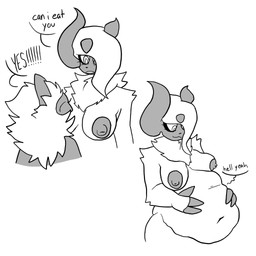 abdominal_bulge anthro anthro_pred areola before_and_after belly big_belly big_breasts breasts dialogue duo explicitly_stated_consent exposed_breasts female female/female fur grey_areola grey_nipples nipples nude size_difference speech_bubble text vore willing_pred willing_prey girlpenisworld nintendo pokemon amelia_(girlpenisworld) tanya_(girlpenisworld) generation_6_pokemon generation_8_pokemon low_key_toxtricity mega_absol mega_evolution pokemon_(species) toxtricity 1:1 comic english_text hi_res monochrome