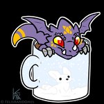 anthro chibi claws container cup male mug partially_submerged purple_body red_eyes smile solo tail yellow_sclera felisrandomis bandai_namco digimon dragoneer_(character) 1:1 2021 alpha_channel signature