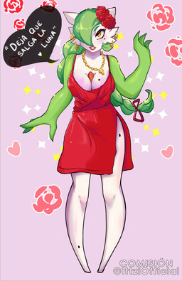 accessory beads braided_hair breasts brown_hair cleavage clothed clothing cross cross_necklace dialogue_box dress ear_piercing ear_ring elegant female flower flower_in_hair glowing glowing_eyes green_hair hair hair_accessory hair_ribbon jewelry lipstick makeup markings mole_(marking) necklace piercing plant prayer_beads red_clothing red_dress red_lipstick ribbons ring_piercing rosary slit_dress solo text ittziofficial nintendo pokemon soledad_(atomic417) gardevoir generation_3_pokemon pokemon_(species) 2021 absurd_res hi_res signature translated