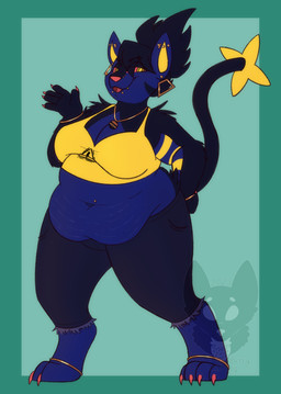 4_toes 5_fingers anklet anthro belly belly_overhang big_breasts biped blue_body blue_bottomwear blue_clothing blue_countershading blue_fur blue_hair blue_jeans blue_pants blue_tail bottomwear bracelet breasts claws clothed clothed_anthro clothed_female clothing countershade_fur countershade_torso countershading denim denim_bottomwear denim_clothing digitigrade ear_piercing facial_piercing feet female female_anthro fingers fur hair jeans jewelry lip_piercing luxury_ball necklace overweight overweight_anthro overweight_female pants piercing pink_nose pokeball pokeball_necklace shirt solo stretch_marks tail tank_top toes topwear warning_sign yellow_clothing yellow_shirt yellow_tank_top yellow_topwear strawberrymilkdog nintendo pokemon eleanor_(jedirogue1) felid generation_4_pokemon luxray mammal pantherine pokemon_(species) 2023 colored digital_drawing_(artwork) digital_media_(artwork) hi_res watermark