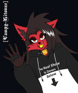 anthro clothing collar dark_hair facial_piercing fur gesture hoodie looking_at_viewer male open_mouth pawpads piercing red_body red_fur smile smiling_at_viewer solo spiked_collar spikes text text_on_clothing topwear waving vampykitsune hideki_kagitsu_(vampykitsune) canid canine fox mammal hi_res