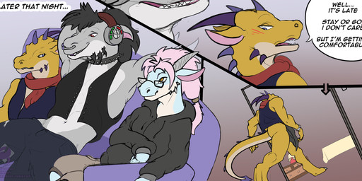 anthro black_hair blush clothing collar dialogue electronics eyewear facial_piercing furniture glasses group hair headphones hoodie horn male nose_piercing nose_ring piercing pink_hair relaxing ring_piercing scarf shirt speech_bubble text topwear trio walking_away kyain mythology delta_(alcitron) eugene_(alcitron) jump_riff_(alcitron) dragon kobold mythological_creature mythological_scalie scalie comic english_text hi_res meme