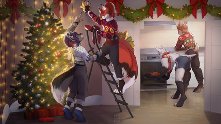 anthro biped bottomwear butt claws clothed clothed_anthro clothed_male clothing feet fingers fully_clothed fully_clothed_anthro fully_clothed_male fur group hair holidays inside male rear_view smile standing tail toes topwear free-opium christmas canid canine canis domestic_dog fox hare lagomorph leporid mammal wolf 2025 digital_drawing_(artwork) digital_media_(artwork) hi_res