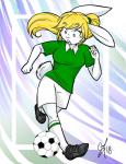 anthro ball blonde_hair blush breasts clothed clothing female fur hair soccer_ball solo white_body white_fur j3t lagomorph leporid mammal rabbit 2018