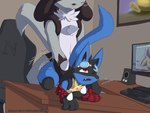 absurd_res alex_delobo_(character) anal anal_penetration anthro bent_over canid canine clothing clothing_aside digital_media_(artwork) doggystyle duo eyes_closed eyewear from_behind_position fur generation_4_pokemon hi_res humping k9player_(artist) looking_pleasured lucario male male/male male_penetrating mammal nintendo nova_the_lucario_(character) nude open_mouth penetration pokemon pokemon_(species) raised_leg raised_tail sex simple_background tail text