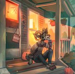 2_horns anthro autumn big_eyes building clothing food fruit fur grey_body grey_fur happy holidays horn house male outside plant porch pumpkin solo sweater topwear jacato halloween auburn_(auburnthegoat) bovid caprine goat mammal hi_res warm_colors