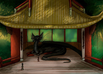 ambiguous_gender black_body black_scales feral group pillow plant scales tail temple tree trio flamespitter mythology dragon human mammal mythological_creature mythological_scalie scalie